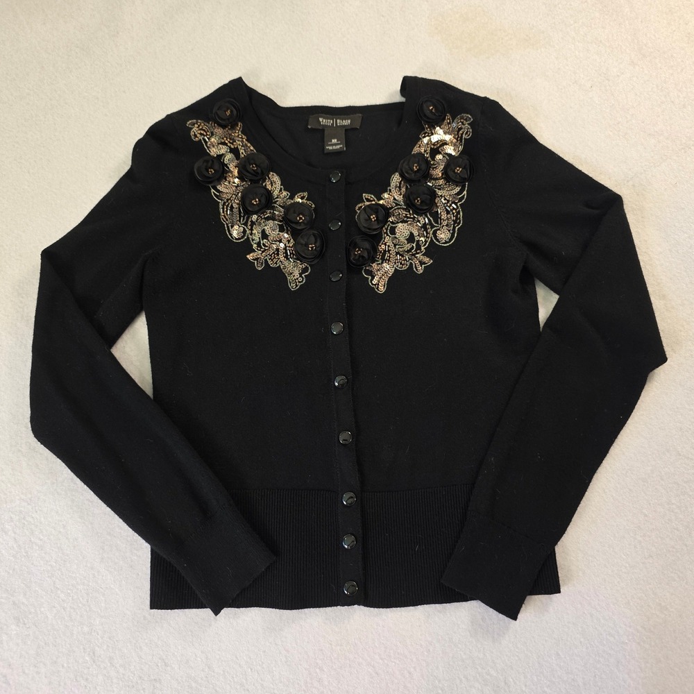 White House Black Market Cardigan XS Black Floral‎ Sequin Beaded Pearl Snaps Y2K